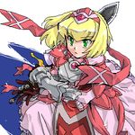  alexia_lynn_elesius armor armored_dress artist_request blonde_hair bow dress elbow_gloves frown gloves green_eyes hairband jewelry knight lowres oekaki pink_bow pink_dress ribbon short_hair sidelocks simple_background solo sword weapon wild_arms wild_arms_xf 