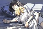  akiyama_mio between_breasts black_hair breast_smother breasts brown_hair closed_eyes couple cuddling fukutarou_(enji127) hug k-on! leg_lock long_hair multiple_girls nuzzle pillow short_hair sleeping sleeves_rolled_up tainaka_ritsu yuri 