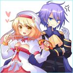 1girl :d ahoge alice_(tales) anger_vein bad_id bad_pixiv_id blonde_hair blue_eyes bow breasts choker cleavage collar gloves happy hat heart open_mouth purple_hair rapier ribbon sadomochi saleh short_hair simple_background small_breasts smile sweat sword tales_of_(series) tales_of_rebirth tales_of_symphonia tales_of_symphonia_knight_of_ratatosk trait_connection weapon white_background white_gloves yellow_eyes 