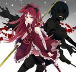  bad_id bad_pixiv_id bare_shoulders blood blue_eyes blue_hair boots cape evil_grin evil_smile grin knee_boots kyou_zip long_hair magical_girl mahou_shoujo_madoka_magica miki_sayaka multiple_girls polearm ponytail red_hair sakura_kyouko short_hair smile spoilers sword thighhighs torn_cape torn_clothes weapon 