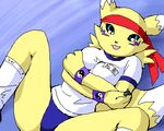  bandanna blue_eyes bracelet canine crossed_arms digimon female fox g-sun headband jewelry looking_at_viewer oekaki on_back renamon socks soft solo tail yellow 