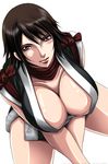  1girl big_breasts black_hair breast_hold breasts brown_hair cleavage huge_breasts japanese_clothes king_of_fighters large_breasts legs lips lipstick looking_at_viewer lucretia makeup ninja red_eyes shiranui_mai short_hair simple_background sitting smile snk solo thighs white_background 
