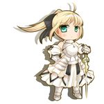  ahoge armor armored_dress artoria_pendragon_(all) bare_shoulders blonde_hair bow chibi detached_sleeves dnk dress excalibur fate/stay_night fate/unlimited_codes fate_(series) gauntlets green_eyes hair_ribbon ponytail ribbon saber saber_lily solo sword weapon 