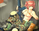  ammunition_pouch assault_rifle belt boots breasts camouflage camouflage_pants canteen copyright_request covered_nipples eating food food_in_mouth gun hair_bobbles hair_ornament katayama_makoto knee_pads m4_carbine m81_woodland_(camo) medium_breasts midriff mre pants pink_hair pouch ration rations rifle shirt snap-fit_buckle solo tank_top taut_clothes taut_shirt twintails weapon woodland_pattern 