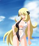  beach big_breasts blonde_hair breasts cleavage large_breasts pokemon shirona_(pokemon) swimsuit yellow_eyes 