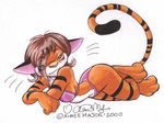  2000 aimee aimee_major blue_eyes brown_hair feline female hair lingerie on_front pose skimpy solo tiger 