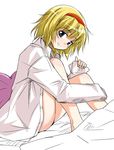  alice_margatroid bed blonde_hair blue_eyes bottomless dress_shirt hairband head_tilt leg_hug naked_shirt nibi no_pants open_clothes open_shirt shirt short_hair sitting sketch sleeves_past_wrists smile solo touhou white_shirt 