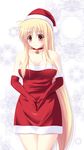  amicis bell blonde_hair blush breasts choker cleavage elbow_gloves embarrassed fate_testarossa gloves hat highres large_breasts long_hair lyrical_nanoha mahou_shoujo_lyrical_nanoha_strikers red_eyes red_gloves red_skirt santa_costume santa_hat skirt very_long_hair 