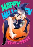  barefoot boots breasts candy cleavage collar crazy_clover_club dress elbow_gloves english feet female full_body gloves gradient gradient_background halloween hat large_breasts lollipop long_hair mole nail_polish navel original pink_eyes pumpkin shirotsumekusa sitting solo thigh_boots thighhighs tongue white_hair witch witch_hat 