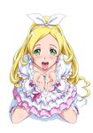  blonde_hair cupping_hands cure_rhythm eyelashes face from_above green_eyes hands long_hair looking_at_viewer looking_up magical_girl minamino_kanade open_mouth perspective pov precure sexually_suggestive shin_(sin-maniax) solo suite_precure tongue tongue_out 