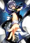  blurry braid depth_of_field foreshortening hands izayoi_sakuya knife maid maid_headdress night night_sky outstretched_arm outstretched_hand pov red_eyes ress short_hair silver_hair sky solo star_(sky) starry_sky touhou twin_braids wrist_cuffs 