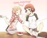  amputee barefoot between_toes blonde_hair brown_hair cake chocolate chocolate_making double_amputee feet finger_to_mouth food foot_hold fruit happy_valentine heart heart-shaped_cake heart-shaped_food heart_of_string ibarazaki_emi katawa_shoujo multiple_girls raglan_sleeves sleeves_pushed_up strawberry tezuka_rin valentine weee_(raemz) 