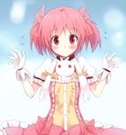  :3 arms_up blush flying_sweatdrops gloves kaname_madoka kyubey looking_at_viewer madara_hio magical_girl mahou_shoujo_madoka_magica pink_eyes pink_hair red_eyes short_hair smile surprised_arms twintails under_clothes upper_body white_gloves 