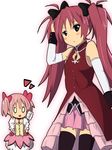  alternate_hairstyle amano_kouki bow brown_eyes detached_sleeves gloves hair_bow hair_brush highres jewelry kaname_madoka lucky_star mahou_shoujo_madoka_magica multiple_girls o_o parody pendant pink_hair red_hair sakura_kyouko short_hair short_twintails skirt thighhighs twintails zettai_ryouiki 