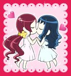  barefoot blue_hair chibi closed_eyes couple dress full_body hair_ornament hairpin hanasaki_tsubomi heart heartcatch_precure! holding_hands kiss kurumi_erika lace long_hair multiple_girls precure red_hair sparkle symmetry twintails two-tone_background white_dress yuri yuuma_(skirthike) 