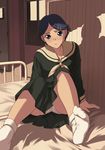  bed blue_eyes blue_hair blush feet hair_ornament hairclip hairpin maria-sama_ga_miteru panties pantyshot school_uniform short_hair sitting socks solo underwear white_panties yamaguchi_mami yizumi 