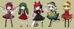  ahoge aki_shizuha alternate_hairstyle animal_ears ascot bad_id bad_pixiv_id blonde_hair braid cat_ears closed_eyes closed_umbrella dress fang green_eyes hair_ornament hat heart highres kaenbyou_rin kazami_yuuka kazami_yuuka_(pc-98) komeiji_koishi kt2 leaf_hair_ornament long_hair multiple_girls musical_note mystia_lorelei one_eye_closed pantyhose pigeon-toed plaid plaid_skirt plaid_vest red_eyes short_hair silver_hair skirt skirt_set skull thighhighs touhou touhou_(pc-98) twin_braids twintails umbrella vest wheelbarrow white_hair wings yellow_eyes zombie_fairy 