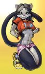  background_gradient black black_hair breasts cat clothed clothing color fang feline female green_eyes hair long_black_hair long_hair looking_at_viewer navel shirt shirt_lift shoes shorts skimpy solo tail tight_clothing under_boob white zillford 