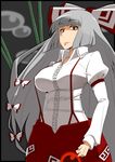  azuman bow breasts fujiwara_no_mokou hair_bow hair_ribbon large_breasts looking_at_viewer ribbon solo suspenders touhou 