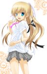  blonde_hair blue_eyes blush daiki hair_ornament highres little_busters! long_hair plaid ribbon skirt solo tokido_saya twintails 