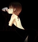 alcohol backless_dress backless_outfit bare_back bare_shoulders black_dress breasts brown_hair dark dress elbow_gloves face glass gloves hands large_breasts meiko nanase_mizuki red_eyes short_hair sideboob solo vocaloid whiskey 