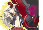  alisa_ilinichina_amiella armpits blue_eyes blush breasts god_eater god_eater_burst grey_hair huge_weapon long_hair medium_breasts navel no_bra no_hat no_headwear okiura plaid skirt smile solo suspender_skirt suspenders underboob weapon 