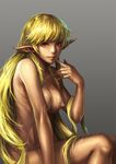  bad_id bad_pixiv_id blonde_hair breasts cum elf finger_to_mouth lapucelle_(arasoo1210) light_smile lips long_hair medium_breasts nipples nude original pointy_ears realistic red_eyes simple_background solo very_long_hair 