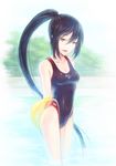  absurdres black_hair competition_swimsuit fang fictional_persona highres kickboard long_hair one-piece_swimsuit original ponytail self-portrait solo swimsuit tda very_long_hair yellow_eyes 