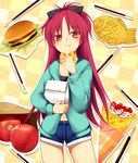  :t apple bad_id bad_pixiv_id bag blush crepe croissant eating food food_wrapper fruit hamburger long_hair mahou_shoujo_madoka_magica navel paper_bag pocky ponytail red_eyes red_hair sakura_kyouko shorts solo taiyaki tsuchifumazu wagashi 