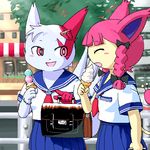  bracelet cat couple eyes_closed face_markings feline female food g-sun hair hair_bow hair_ribbon ice_cream jewelry long_hair long_pink_hair outside pink_eyes pink_hair pok&eacute;mon pok&eacute;morph school_uniform schoolgirl schoolgirl_uniform skitty standing tail tan white zangoose 