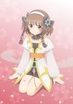  absurdres asechiruko belt bike_shorts bow brown_hair choker coat flower green_eyes hair_flower hair_ornament hair_ribbon hairband highres kneeling leia_rolando petals ribbon short_hair smile solo tales_of_(series) tales_of_xillia 