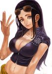  bad_id bad_pixiv_id black_hair blue_eyes breasts cleavage eyewear_on_head hands lack large_breasts long_hair navel nico_robin one_piece solo sunglasses w zipper 