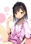  bare_legs black_hair blush braid collarbone french_braid hands leaning nail_art open_mouth original pink_eyes short_hair shorts sitting solo subachi suspenders 