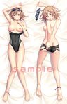  anklet ass barefoot blush breasts brown_eyes brown_hair butt_crack competition_swimsuit copyright_request dakimakura feet finger_to_mouth full_body goggles jewelry jpeg_artifacts kuri_(kurigohan) large_breasts legs long_legs looking_back lying multiple_views nipples on_back one-piece_swimsuit open_mouth sample short_hair slim_legs swimsuit swimsuit_pull topless turnaround watermark 