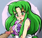  blush breath cum cum_on_body cum_on_upper_body facial ganbare_goemon green_eyes green_hair japanese_clothes konpeto long_hair open_mouth penis solo_focus surprised yae_(ganbare_goemon) 