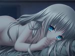  areolae bed bedroom blue_eyes blush clenched_hands dark dark_room flat_chest game_cg groin indoors kud_wafter light_smile little_busters! long_hair lying na-ga nipples noumi_kudryavka nude on_side silver_hair smile solo very_long_hair 