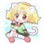  animal_ears blonde_hair blue_eyes blush bow cat_ears cat_tail dress earrings jewelpet_(series) jewelpet_twinkle jewelry loose_socks mirai_(sugar) miria_marigold_mackenzie necktie open_mouth sitting socks solo tail 