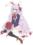  absurdres animal_ears bad_id bad_pixiv_id black_legwear blazer boots bouquet bunny_ears crescent cross-laced_footwear flower high_heels highres jacket lace-up_boots long_hair petals pleated_skirt purple_hair red_eyes red_flower red_rose reisen_udongein_inaba rose rose_petals shoes sitting skirt slit_pupils solo thighhighs touhou very_long_hair wariza yutsumoe 