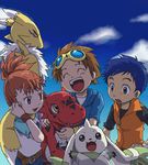  2boys 2girls digimon digimon_tamers guilmon li_jenrya lowres makino_ruki matsuda_takato multiple_boys multiple_girls oekaki outdoors renamon sky terriermon 