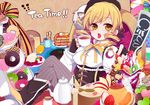  7tsume apple baumkuchen beret black_tea blonde_hair boots breasts butter cake cherry crossed_legs cup detached_sleeves doughnut drill_hair feast fingerless_gloves food french_cruller fruit gloves gun hair_ornament hat heart ice_cream kiwifruit lemon magical_girl magical_musket mahou_shoujo_madoka_magica medium_breasts open_mouth pancake parfait pie pleated_skirt pudding puffy_sleeves ribbon rifle sitting skirt solo strawberry tea teacup teapot thighhighs tiered_tray tomoe_mami tray wafer_stick weapon yellow_eyes 