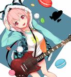  :d between_breasts blush breasts food gibson guitar headphones hood hoodie instrument jewelry large_breasts macaron necklace nitroplus open_mouth p-nut pink_hair raglan_sleeves red_eyes sg short_shorts shorts smile solo strap_cleavage super_sonico 