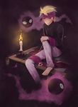  astrophot bad_id bad_pixiv_id blonde_hair candle gastly gen_1_pokemon headband highres male_focus matsuba_(pokemon) pokemon pokemon_(creature) pokemon_(game) pokemon_hgss purple_eyes scarf sitting smile 
