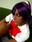  bleach cosplay dark_skin non-asian photo purple_hair shihouin_yoruichi yellow_eyes 