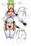  :o armlet belt blue_eyes breasts character_sheet choker cleavage curvy earrings elf fingerless_gloves garter_straps gloves green_hair hoop_earrings jewelry large_breasts legs no_pants original po-ju pointy_ears saber_(weapon) sheath sheathed sketch sword thighhighs thighs translation_request weapon white_legwear work_in_progress 