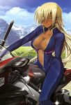  absurdres areola_slip areolae biker_clothes bikesuit blonde_hair bodysuit breasts cleavage cloud covered_nipples cypha_of_huckebein dark_skin day eyepatch ground_vehicle higa_yukari highres large_breasts legs long_hair long_legs lyrical_nanoha mahou_senki_lyrical_nanoha_force motor_vehicle motorcycle mountain naughty_face nipples non-web_source nyantype official_art on_motorcycle sky solo sword tattoo thighs tongue very_long_hair weapon yellow_eyes 
