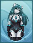  blue_hair breasts chinchilla cleavage collar ear_piercing feline female gem gloves green_eyes hair jewelry looking_at_viewer piercing pose rodent solo standing thumbclawz 
