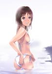  akitama ass bad_id bad_pixiv_id bikini breasts brown_eyes looking_back medium_breasts original side-tie_bikini sideboob smile solo swimsuit water 