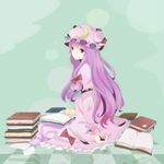  bad_id bad_pixiv_id blush book bow checkered checkered_floor crescent hair_bow hat long_hair maeko on_floor patchouli_knowledge purple_eyes purple_hair sitting solo touhou 