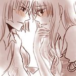  backlighting bad_id bad_pixiv_id blush chin_grab fujiwara_no_mokou imminent_kiss kamishirasawa_keine monochrome multiple_girls profile takeshi_(ken_03_05) touhou yuri 