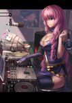  blue_eyes bouquet breasts cleavage cleavage_cutout fingerless_gloves flower gloves headphones heart heart_cutout highres long_hair medium_breasts megurine_luka microphone phonograph pink_hair poster_(object) saber_01 sitting skirt solo speaker thighhighs turntable vocaloid zettai_ryouiki 